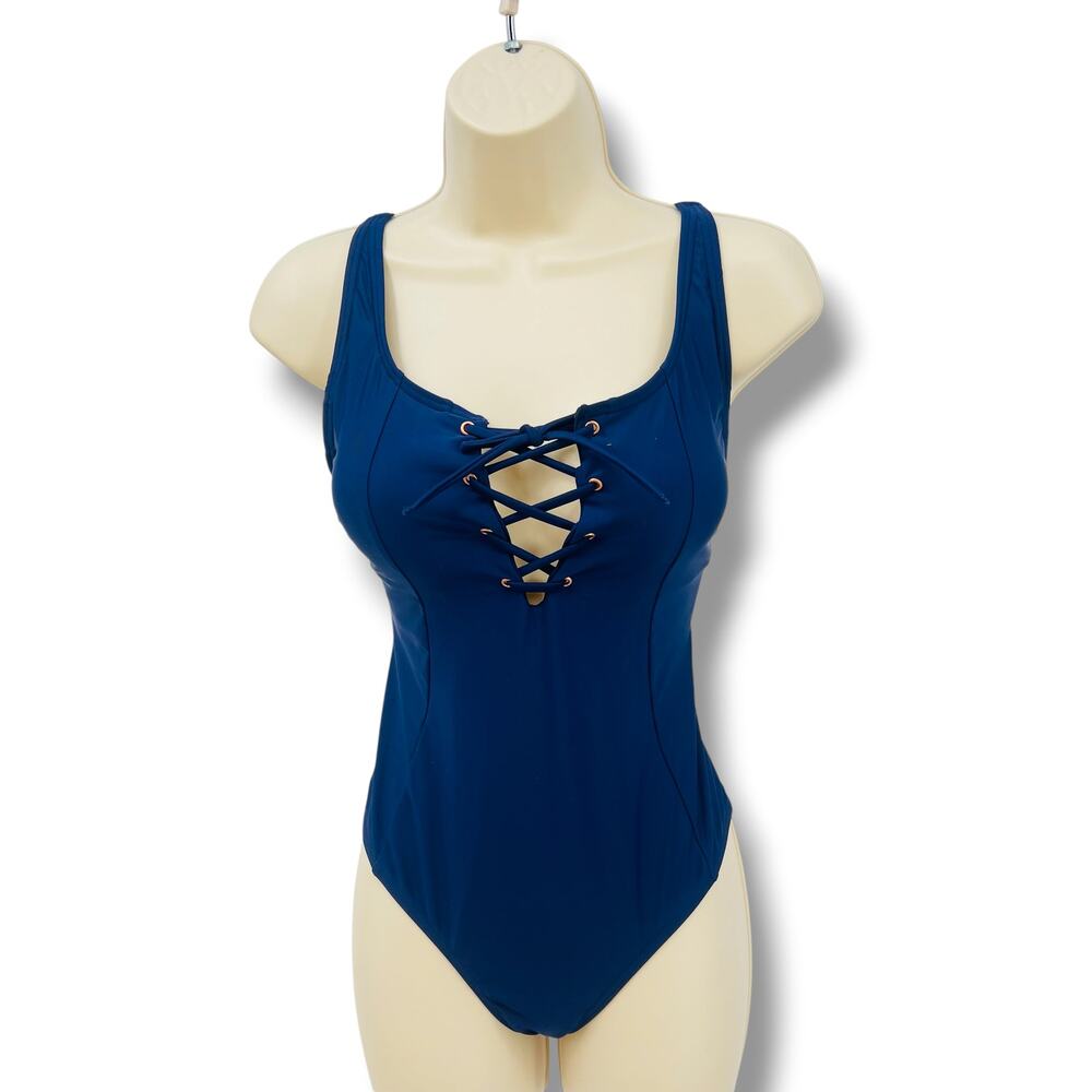 ENJOY THE SUNSHINE Navy Blue Lace Up Front One Piece Swim Suit M
